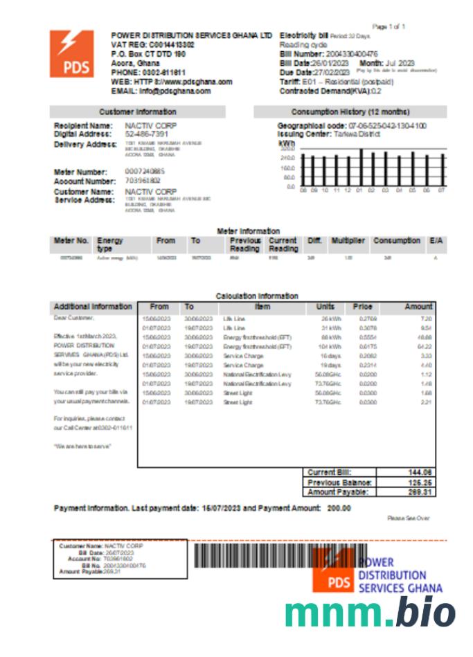 PDS Ghana Limited electricity rachunek za usługi komunalne